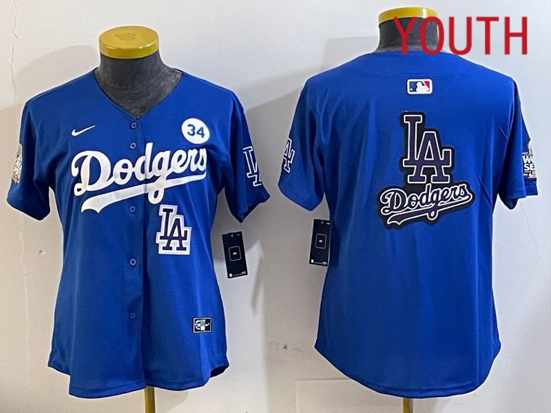 Youth  Los Angeles Dodgers blank 2024 World series patch blue jersey 202411237